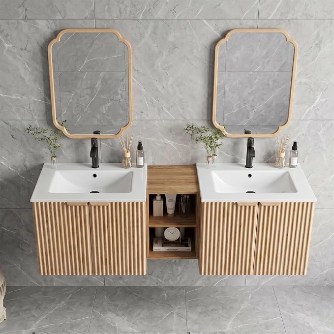 60 Inch Floating Bathroom Vanity with Double Sink, Bathroom Double Sink Cabinet with Soft Close Door Waterproof Storage, Wood Color