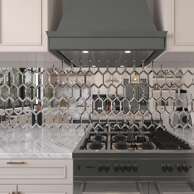 Peel and Stick Beveled Mirror Tile, Mirror Backsplash for Kitchen Bathroom Wall, 4x7.87 Inches Hexagon, Silver (30 Pcs, 4.8 SQ.FT.)