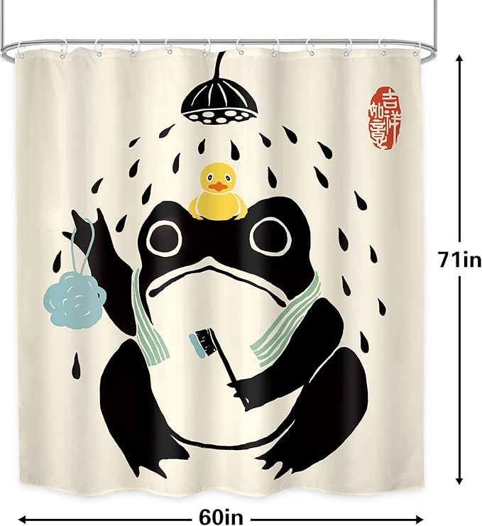 LGhtyro Funny Frog Shower Curtain Bathroom Set 60Wx71H Inches Asian Style Traditional Japanese Art Rubber Duck Cute Animal Bath Accessories Retro Black Beige Art Home Decor Fabric 12 Pack Hooks