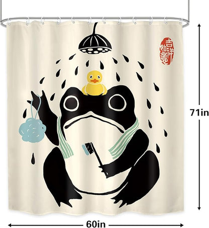 LGhtyro Funny Frog Shower Curtain Bathroom Set 60Wx71H Inches Asian Style Traditional Japanese Art Rubber Duck Cute Animal Bath Accessories Retro Black Beige Art Home Decor Fabric 12 Pack Hooks