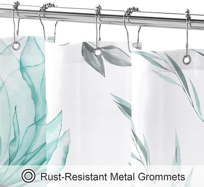 Litabel Teal Blue and Grey Boho Watercolor Floral Shower Curtain, Ink Painting Style Blossom & Leaf Shower Curtains for Chic Elegant Bathroom, Artistic Fabric Cloth Flower Shower Curtain, 72x72