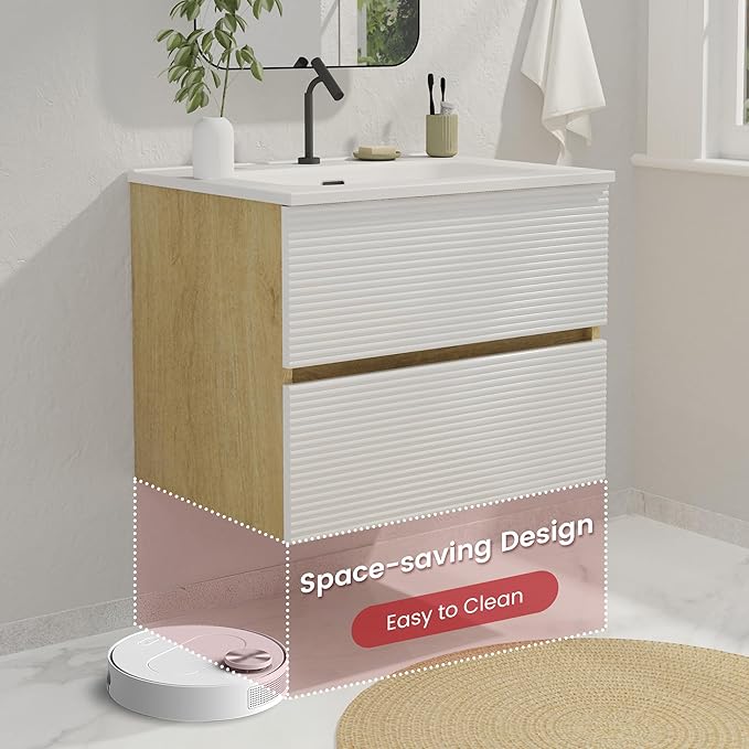 24'' Floating Bathroom with Sink Combo, Modern Bathroom Cabinet with 2-Soft Close & Large Storage Drawers, for Small Space, Apartment, Hotel, White and Natural (Already Assembled)