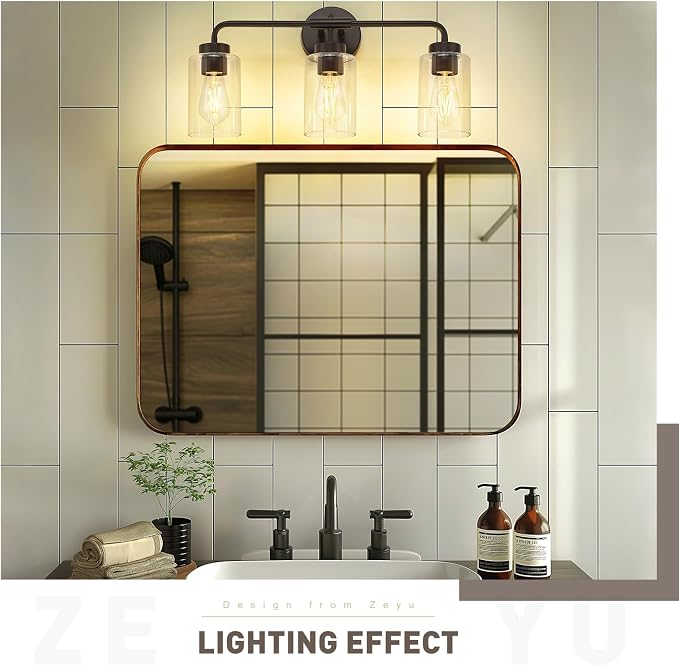 zeyu 22-Inch 3-Light Bathroom Light Fixtures with Clear Glass, ZS62B-3W ORB | Bathroom Lights Fixtures Over Mirror, Clear Glass Shades, 3 E26 Bulbs Up To 60W Each, Up/Down Mount, For Bathroom Mirror