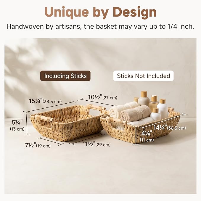 StorageWorks Wicker Baskets for Organizing, Water Hyacinth Storage Baskets | Wicker Storage Baskets for Shelves, Baskets with Wooden Handles, 2-Pack Gifts Basket for Home Decor, Hand-Woven Basket