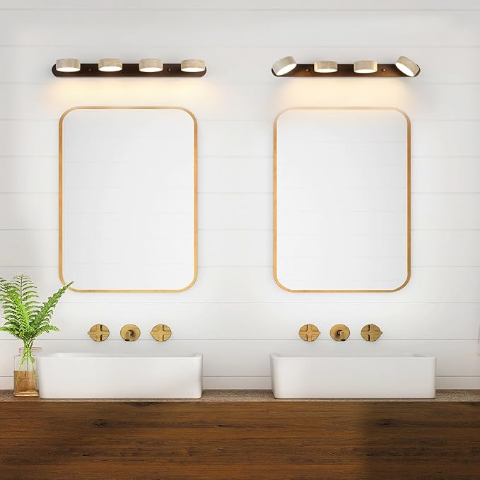 Wood Farmhouse Bathroom Vanity Light,Natural Stone Travertines Walnut Wall Lamp 4 Lights Travertine Shade Wabi Sabi Lamp, Linear Bathroom Vanity Lighting Rotatable 40W LED Wall Fixture Over Mirror