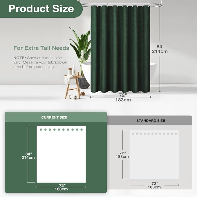 Extra Long Waffle Shower Curtain 256 GSM Fabric 72"x84" Dark Green | 84 Inch Long, Thick Cloth, Weighted Hem, Water Repellent, Tall Hotel Luxury Polyester Shower Curtains for Bathroom 12 Hooks