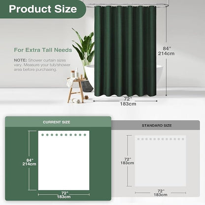 Extra Long Waffle Shower Curtain 256 GSM Fabric 72"x84" Dark Green | 84 Inch Long, Thick Cloth, Weighted Hem, Water Repellent, Tall Hotel Luxury Polyester Shower Curtains for Bathroom 12 Hooks