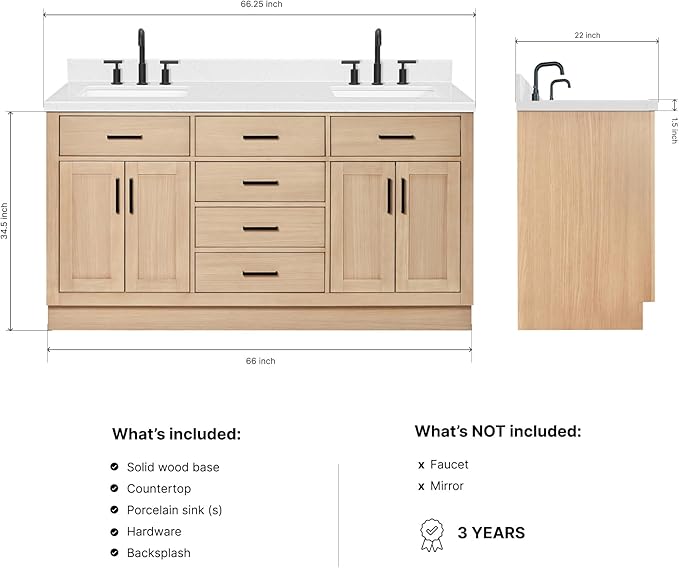 DKB Isabella 66-Inch Oak Double Bathroom Vanity with Sink, Carrara White Quartz Countertop & 4-Inch Backsplash, Soft Closing Doors and Drawers, Matte Black Hardware