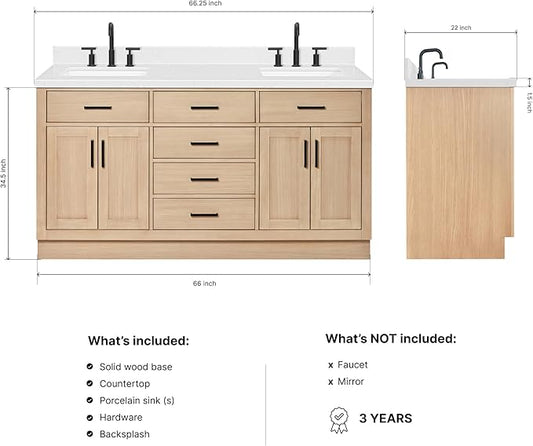 DKB Isabella 66-Inch Oak Double Bathroom Vanity with Sink, Carrara White Quartz Countertop & 4-Inch Backsplash, Soft Closing Doors and Drawers, Matte Black Hardware