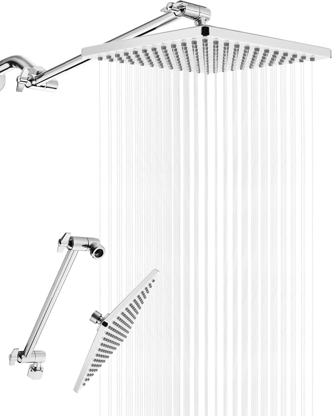 Rain Shower Head, 8'' High Pressure Rainfall Square ABS Showerhead with 11'' Shower Head Extension Arm, Stainless Steel Adjustable Shower Arm Extender, Rainfall Waterfall Fixed Showerheads, Chrome