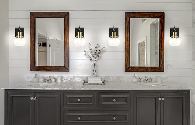 JONATHAN Y 5.88" Black/Brass Gold 1-Light Vintage Wall Sconce, LED Vanity Light for Bathroom Bedroom Entryway, Clear Glass Globe Shade, Modern Industrial Arched Lamp, LED Bulb Included JYL3526A