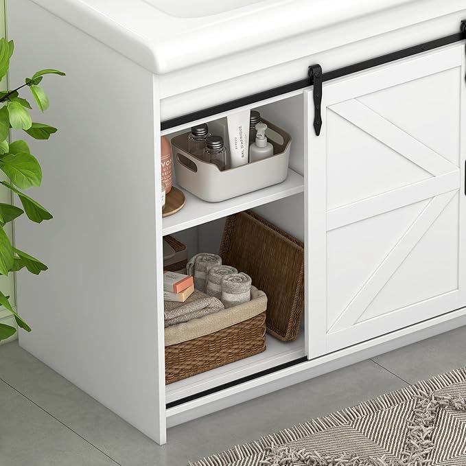 48" Bathroom Vanity with Double Sink, Bathroom Vanities with 2 Sliding Drawers and 4 Storage Shelves, Farmhouse Bathroom Vanity with Sink and Countertop, Bathroom Vanity Cabinet Set