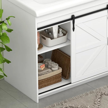 48" Bathroom Vanity with Double Sink, Bathroom Vanities with 2 Sliding Drawers and 4 Storage Shelves, Farmhouse Bathroom Vanity with Sink and Countertop, Bathroom Vanity Cabinet Set
