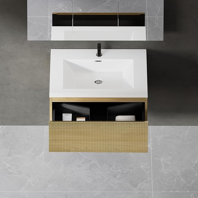 30" Floating Bathroom Vanity with Sink, Wall-Mounted Modern Oak Storage Cabinet, Wave-Textured Soft-Close Drawer & Glossy White Solid Surface Basin, Natural Oak