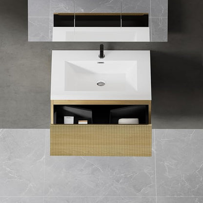 30" Floating Bathroom Vanity with Sink, Wall-Mounted Modern Oak Storage Cabinet, Wave-Textured Soft-Close Drawer & Glossy White Solid Surface Basin, Natural Oak
