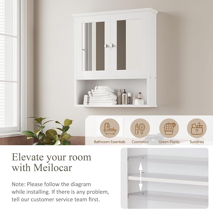 Bathroom Wall Cabinet with Mirror, White Bathroom Mirror Cabinet Wall Mounted, Over Toilet Medicine Cabinets with Adjustable Shelf, White