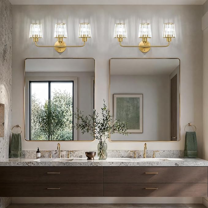 Brushed Gold Vanity Lights, 3-Light Crystal Bathroom Light Fixtures | Modern Bathroom Vanity Light E26 Wall Light over Mirror (Exclude Bulb)