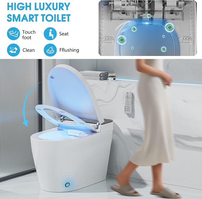 TDH Smart Tankless Toilet, with Warm Water Sprayer & Dryer, Smart Toilet Seat with Heated Bidet Seat, Leave Seat Auto Flushing, Foot Sensor & LED Display and Night Light