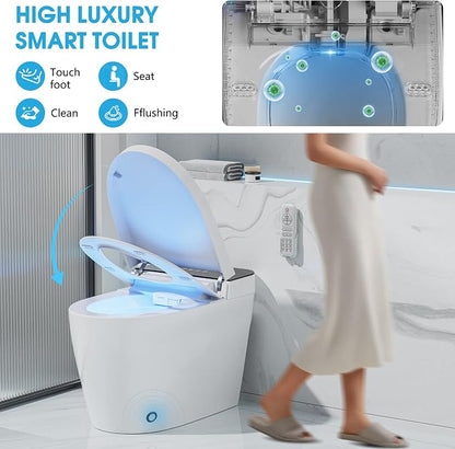 TDH Smart Tankless Toilet, with Warm Water Sprayer & Dryer, Smart Toilet Seat with Heated Bidet Seat, Leave Seat Auto Flushing, Foot Sensor & LED Display and Night Light