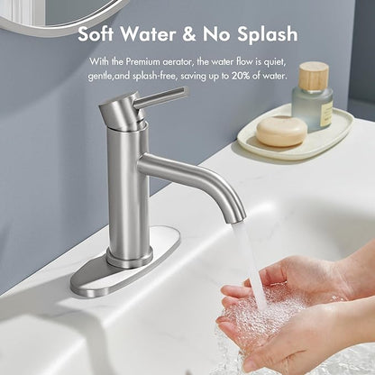 Brushed Nickel Bathroom Faucet, WINKEAR Single Hole Bathroom Faucet with Pop-up Drain and Flexible Hoses, Single Handle for Sink, Vanity, RV, Modern Farmhouse