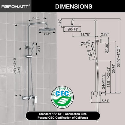 RBROHANT Exposed Shower System with Tub Spout, Polished Chrome Exposed Pipe Shower Faucet with 3 Functions Brass Shower Valve, Shower Height Adjustable, Wall Mounted
