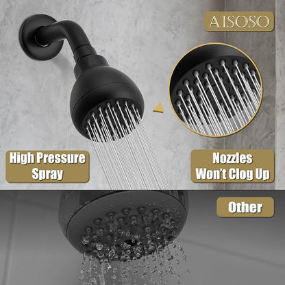 AISOSO Shower Head 2PCS,High-Pressure Fixed Showerhead 3",Matte Black | 360 Rotatable Design, Self-Cleaning Silicone Nozzles, Strong Spray Bathroom Accessory For Relaxing Indoor & Outdoor Shower