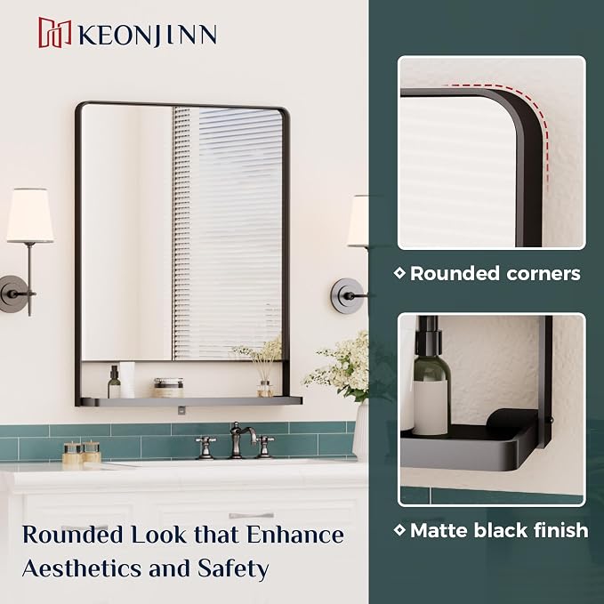 Keonjinn 18 x 28 Inch Black Bathroom Mirror with Shelf, Rust-Resistant | Rounded Corner, Rectangle Metal Bathroom Vanity Mirror with Storage, French Cleat Mount, Entryway, Bedroom, Hallway, Décor