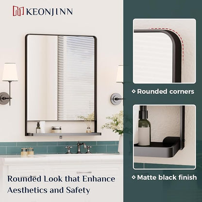 Keonjinn 18 x 28 Inch Black Bathroom Mirror with Shelf, Rust-Resistant | Rounded Corner, Rectangle Metal Bathroom Vanity Mirror with Storage, French Cleat Mount, Entryway, Bedroom, Hallway, Décor