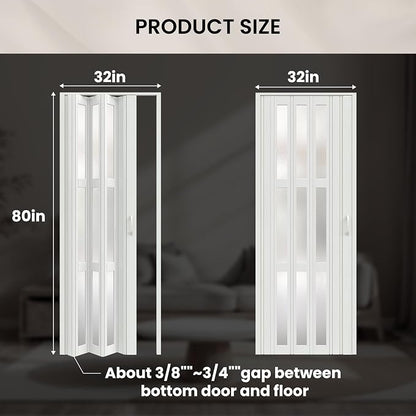 SmartStandard 32X80in Accordion Doors with Frosted Acrylic Glass, White | Save Space, Full-Side Magnetic Strip, Double-Layer PVC Accordion Doors Interior for Doorway Closet, Easy to Assemble