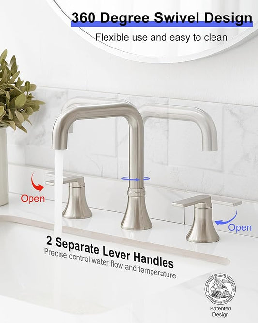 Brushed Nickel 8 Inch Widespread Bathroom Faucet, 360 Degree Swivel Bathroom Sink Faucet 3 Hole, 2 Handles with Pop-Up Drain & Water Hoses for Lavatory Vanity