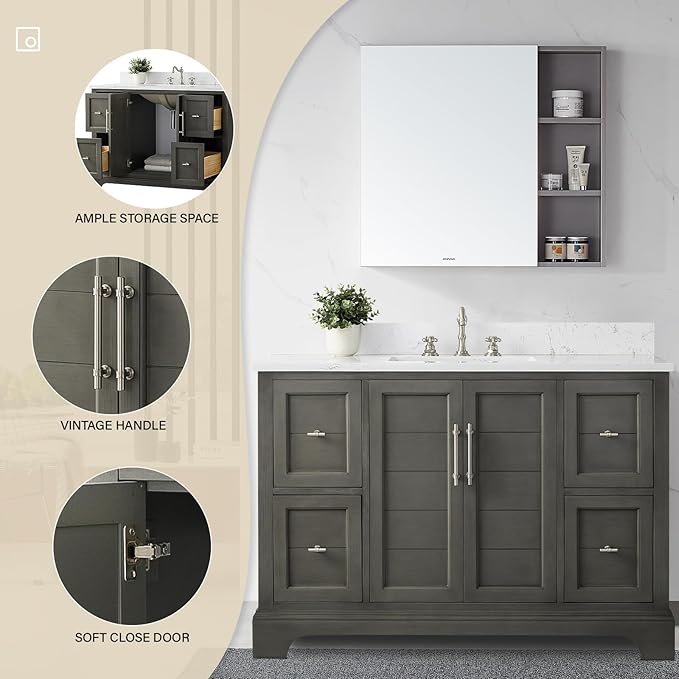 HOMEBEYOND 48 Inch Bathroom Vanity with Single Sink & Ceramic Top, Vanity Cabinet with Center Countertop Basin, Soft-Closing Doors, Backsplash,Sliver Grey