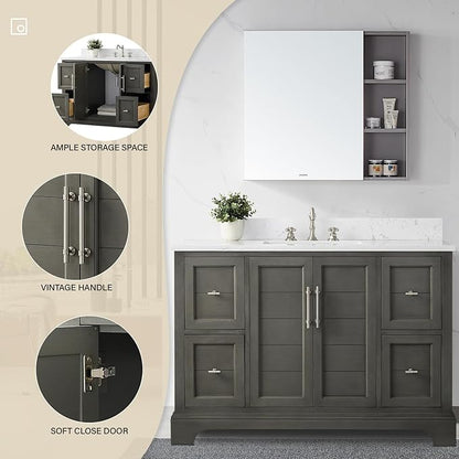 HOMEBEYOND 48 Inch Bathroom Vanity with Single Sink & Ceramic Top, Vanity Cabinet with Center Countertop Basin, Soft-Closing Doors, Backsplash,Sliver Grey