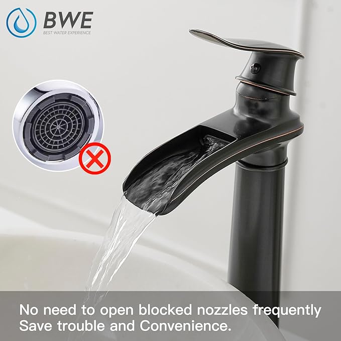 BWE Bathroom Vessel Sink Faucet Waterfall Spout Single Handle One Hole Oil Rubbed Bronze Tall Vessel Lavatory Vanity Faucet with Pop Up Drain Assembly and Supply Hose