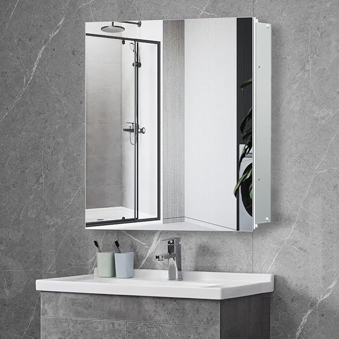 28x28 inch Medicine Cabinet Mirror with Storage, Aluminum Surface Mount or Recessed Medicine Cabinet with Adjustable Shelves for Bathroom Bedroom