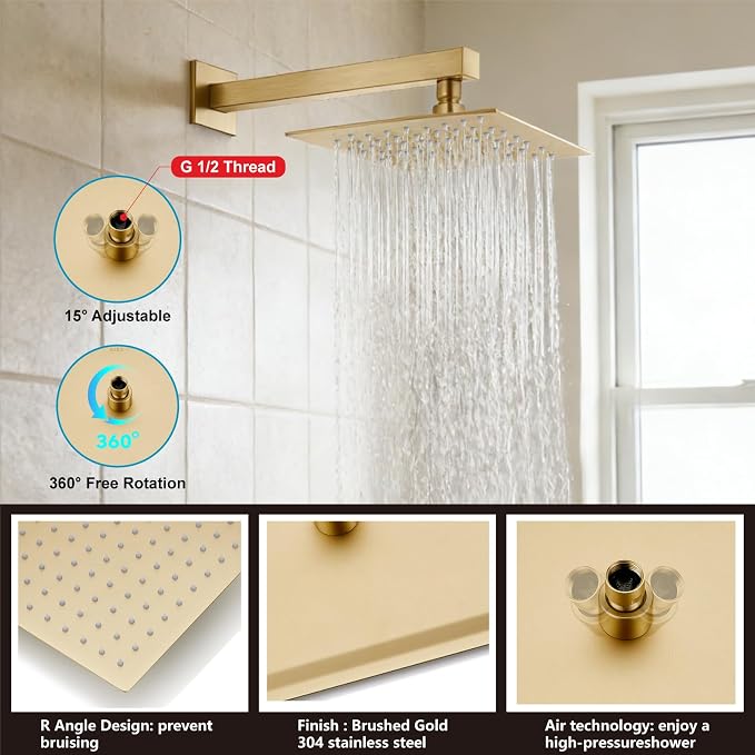 Midanya Shower System with Tub Spout,10 Inch Shower Head,Brushed Gold | with Valve & Trim Kit,Square Rain Head,Handheld Sprayer,Waterfall Spout,All Metal Wall Mount Bathroom Shower Tub Faucet Set
