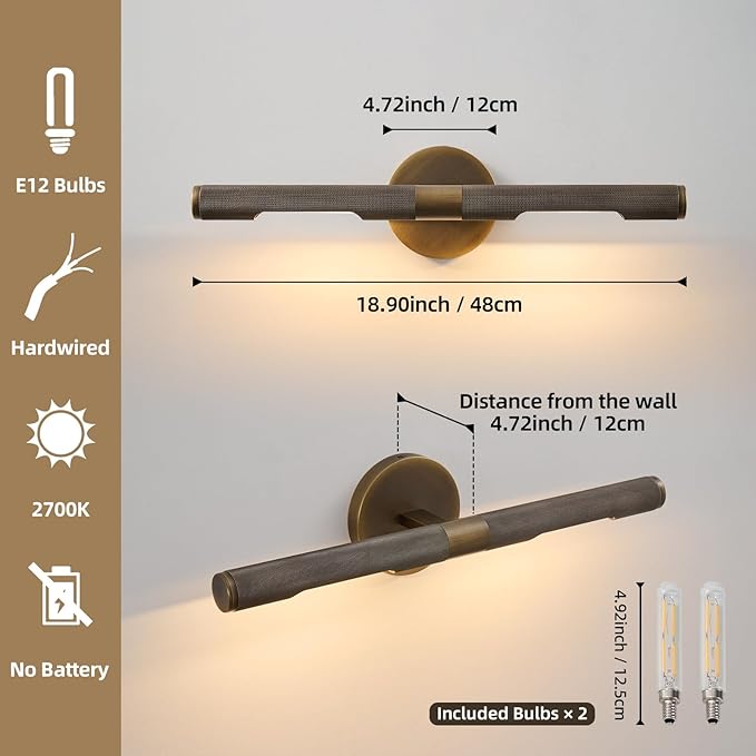 Museum Gallery Bathroom Picture Light - 19 Inch Long Bronze Brass Dimmable Hardwired Wall Sconces with E12 Bulb - Frame Pictures Art Deco Sconce Lights for Painting Photo Artwork Library Vanity Over
