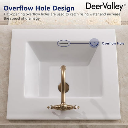 DeerValley 21"x18" Drop-In Bathroom Sink Ceramic Rectangle Vessel Sink with Overflow Vanity Bathroom Vessel Sink Bowl
