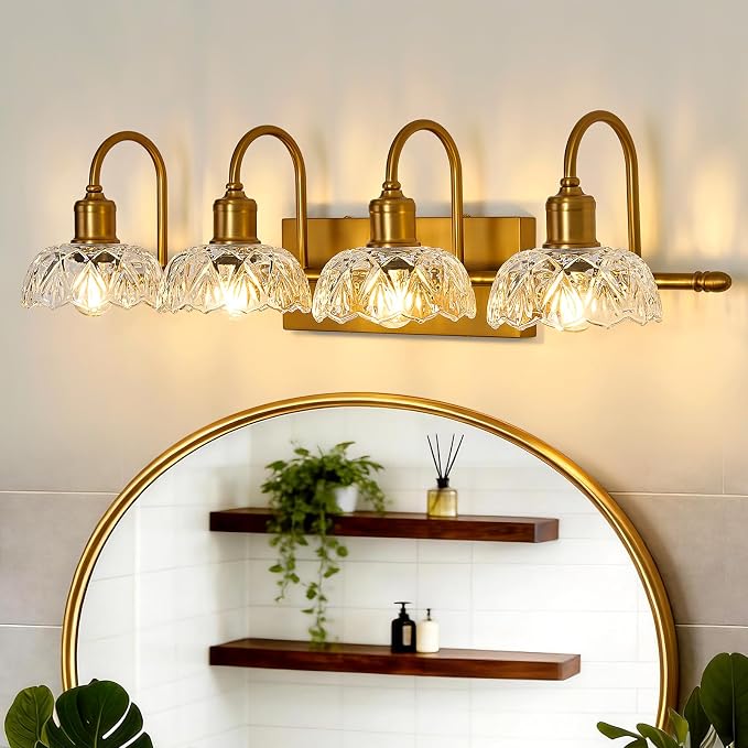 UOFUS 4-Light Gold Vanity Light Vintage Bathroom Lighting Fixtures | Over Mirror with Clear Glass Shade