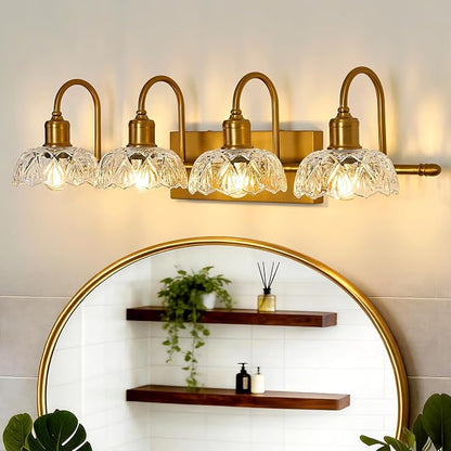 UOFUS 4-Light Gold Vanity Light Vintage Bathroom Lighting Fixtures | Over Mirror with Clear Glass Shade