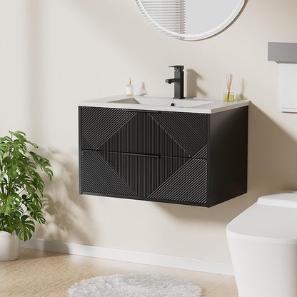 LUCKWIND 30" Floating Bathroom Vanity with Sink Combo, Wall Mounted Floating Cabinet with 2 Large Soft-Close Drawers & Water Saving Faucet, Geometric Textured Design in Black