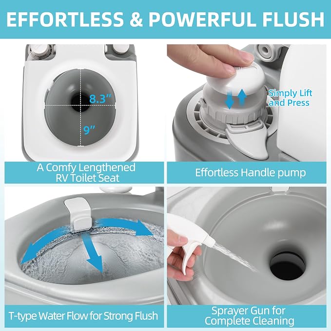 YITAMOTOR Portable Toilet for Camping, Porta Potty Toilet with 5.3 Gal Waste Tank & 2.6 Gal Flush Tank, Bag, Sprayer, T-type Outlet, Level indicator, Anti-Leak Odor-Sealing Slide Valve for RV Outdoors