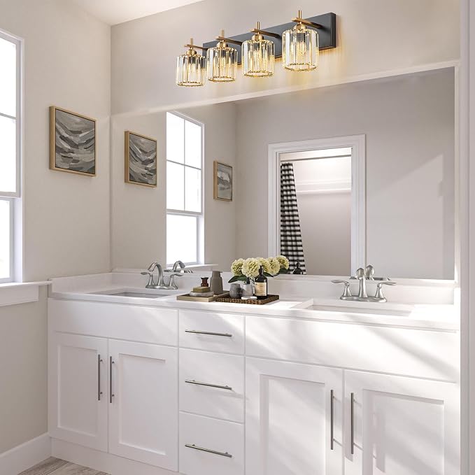 Black Gold Crystal Bathroom Vanity Light, Modern 4-Lights Bathroom Light Fixtures Over Mirror, Crystal Wall Lighting with Polished Gold Finish