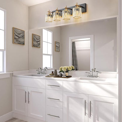 Black Gold Crystal Bathroom Vanity Light, Modern 4-Lights Bathroom Light Fixtures Over Mirror, Crystal Wall Lighting with Polished Gold Finish