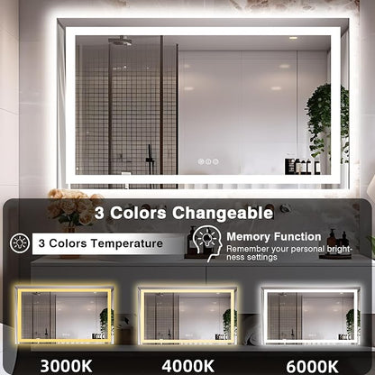 EchosLife 60"x40" LED Mirror for Bathroom | Backlit + Front Lit, Anti-Fog, Stepless Dimmable, 3 Colors, Memory, Tempered Glass, UL Listed, Horizontal/Vertical