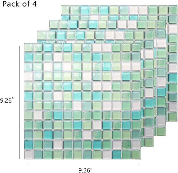 HyFanStr Peel and Stick Backsplash 3D Mosaic Tile Stickers Wall Sticker Home Decor for Kitchen Bathroom Pack of 4 (9.29"x9.29", Light Green)