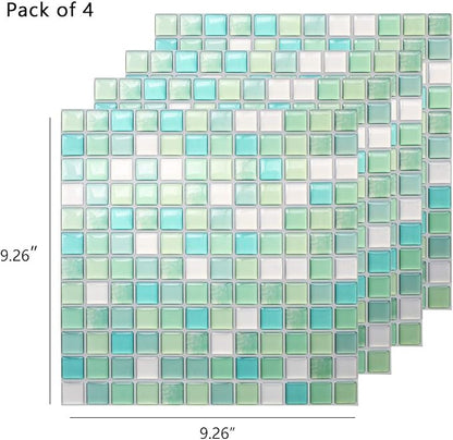 HyFanStr Peel and Stick Backsplash 3D Mosaic Tile Stickers Wall Sticker Home Decor for Kitchen Bathroom Pack of 4 (9.29"x9.29", Light Green)