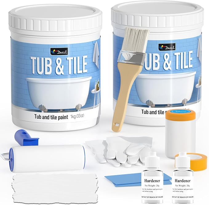 DWIL Tub Paint, Tub and Tile Refinishing Kit with Tools, Tile Refinishing Kit White Bathtub Paint Water Based &Low Odor, Easy to Use Sink for Bathroom Kitchen, Semi-Gloss White, 50-55sq.ft-2 Pack