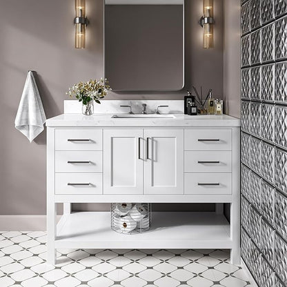 DKB Olivia 48-Inch White Bathroom Vanity with Sink, 1.5-Inch Carrara Quartz Countertop & Backsplash, Rectangular Undermount Sink, 2 Soft-Closing Doors, 6 Dovetail Drawers, Brushed Nickel
