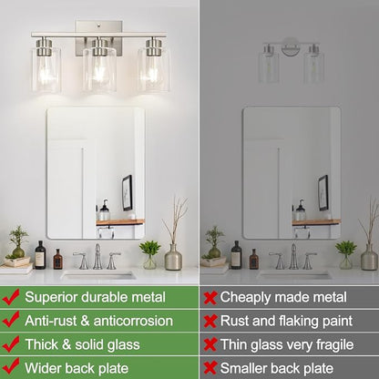 3-Light Bathroom Light Fixtures, Brushed Nickel Vanity Lights, Bathroom Lighting with Clear Glass Shade, Vanity Lighting fixtures for Mirror Kitchen Bedroom Hallway Living Room
