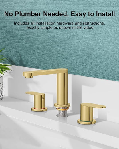 BWE 2 Pack Brushed Gold Bathroom Faucet 3 Hole, 8 Inch Widespread Gold Bathroom Faucets with Pop-up Drain and Supply Lines, 360° Swivel Spout 2-Handle Sink Faucet for Bath Vanity